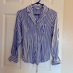 Cute striped button up Anthropologie shirt with tie detailing in the back.